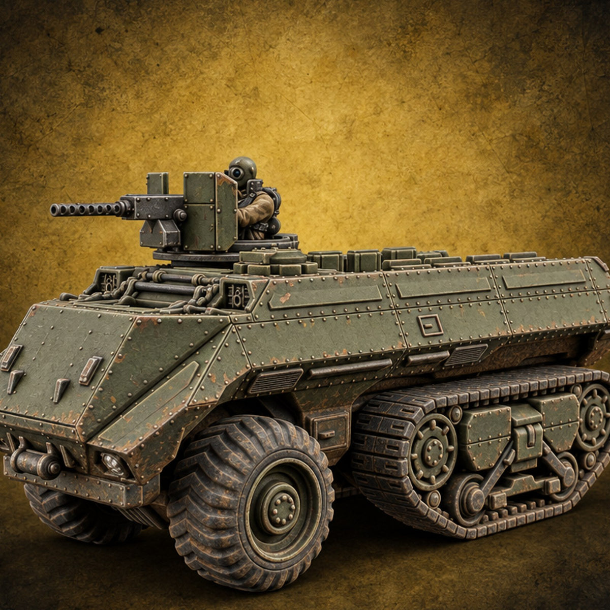 Half Wheels, Half Tracks Sci-Fi Armoured Half-Track Vehicle with Gunner — painted concept preview (miniature supplied unpainted)