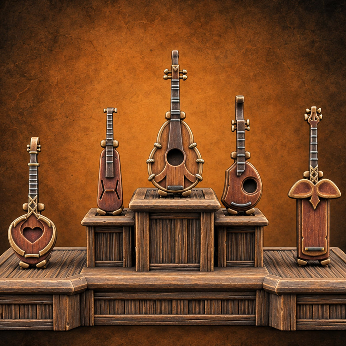 Strings Hung Wooden Music Store Furniture B — painted concept preview (terrain supplied unpainted)