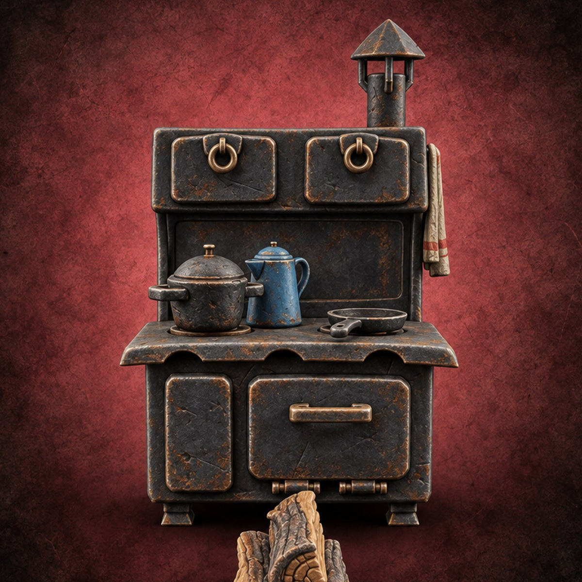 Chimney Hat, Full Pot Cast Iron Kitchen Stove — painted concept preview (terrain supplied unpainted)