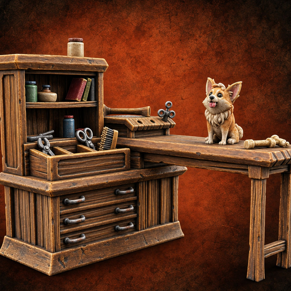 Strays Waiting Wooden Veterinarian Furniture F — painted concept preview (terrain supplied unpainted)