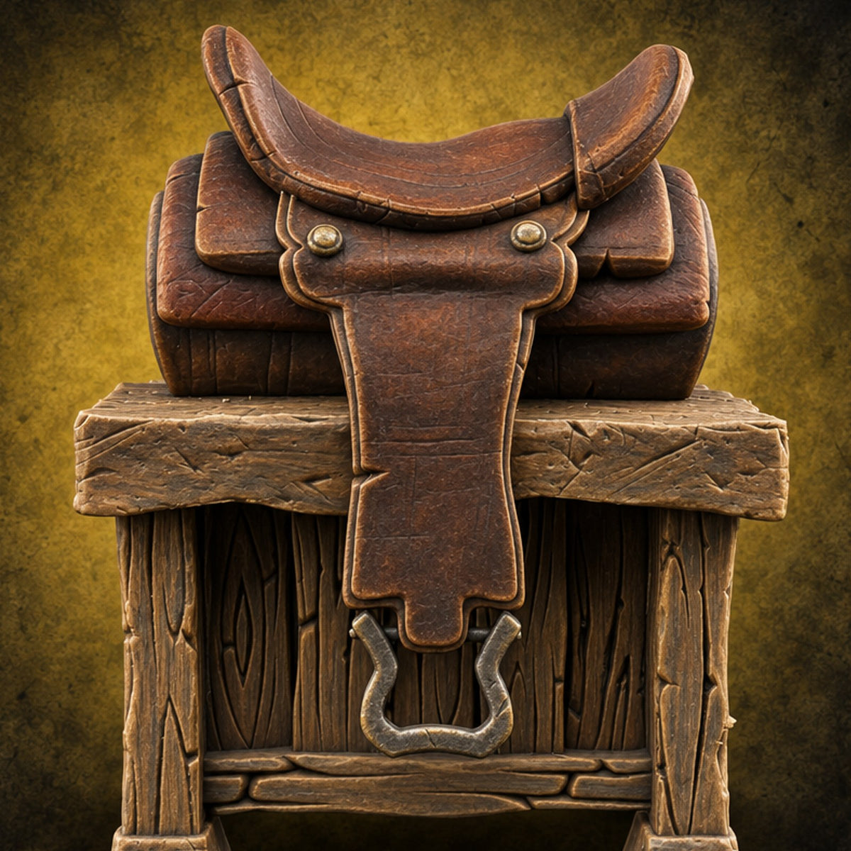 Rest Your Tack Here Wooden Saddle Stand with Saddle — painted concept preview (terrain supplied unpainted)