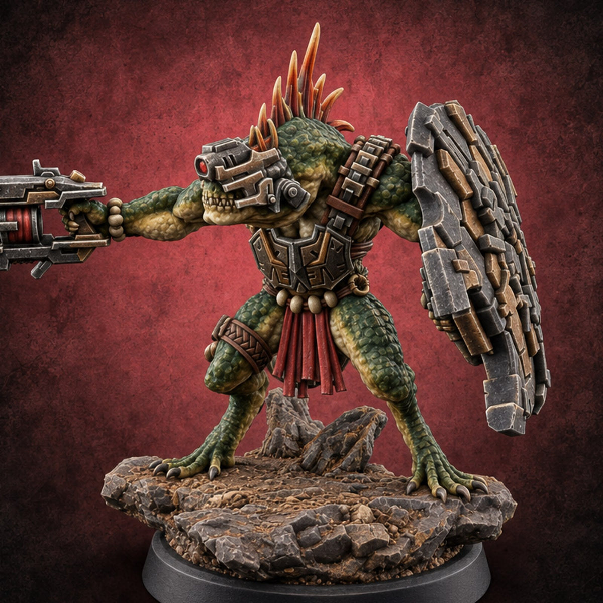 Spines Up on Broken Ground Lizardfolk Shield Gunner B — painted concept preview (miniature supplied unpainted)