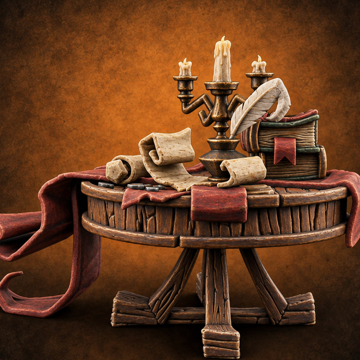 Quill Still Wet, Scholar Gone Wooden Round Study Table — painted concept preview (terrain supplied unpainted)