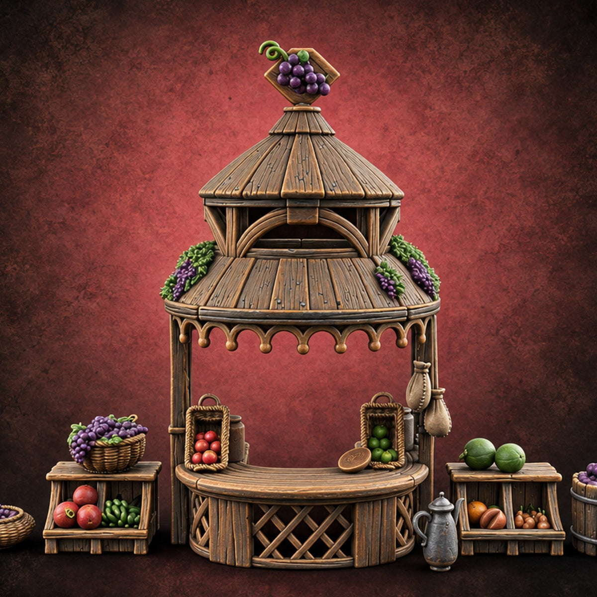Grapes Weighed, Prices Shouted Wooden Food Market Stall B — painted concept preview (terrain supplied unpainted)