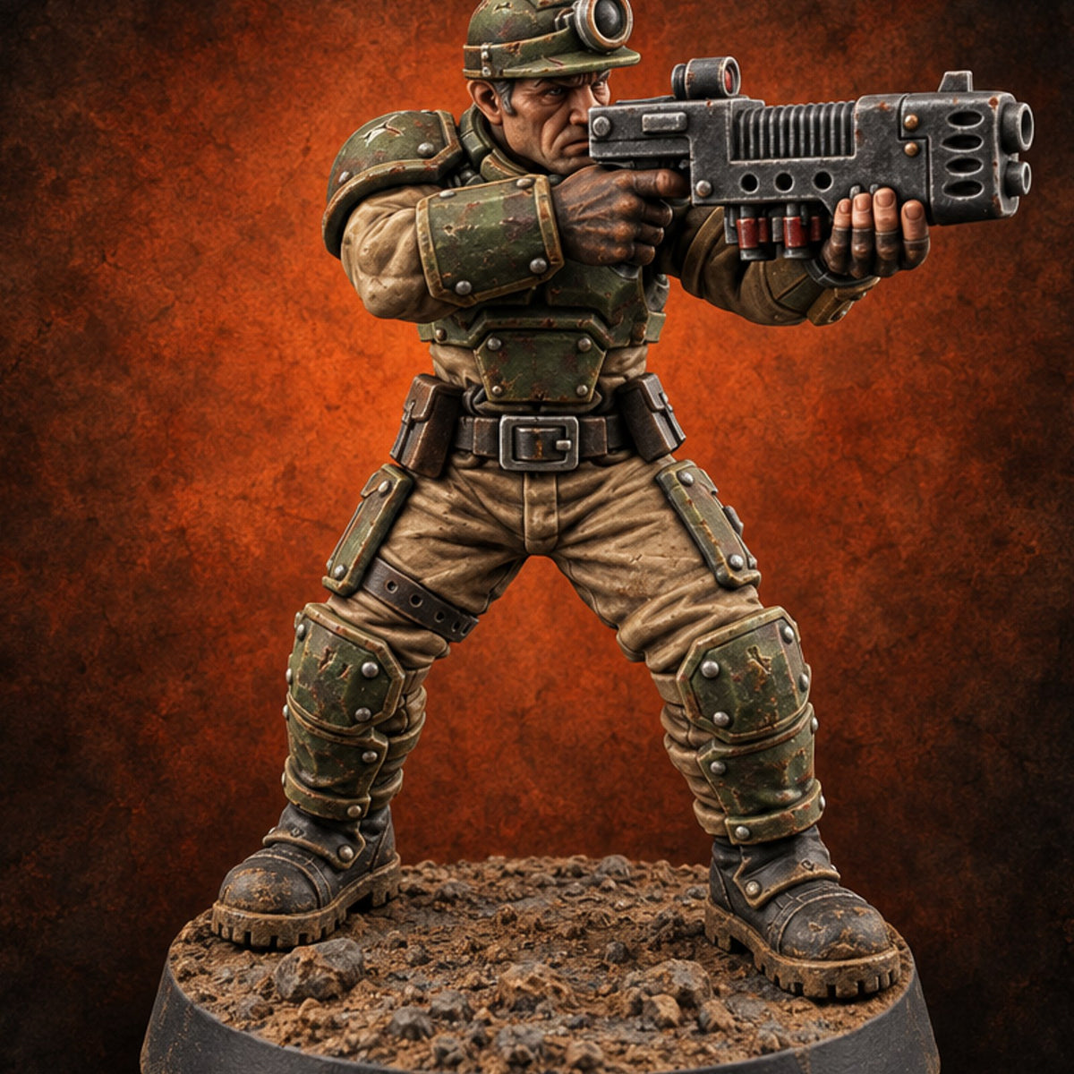 Scorched-Earth Policy Human Raider Gunner A — painted concept preview (miniature supplied unpainted)