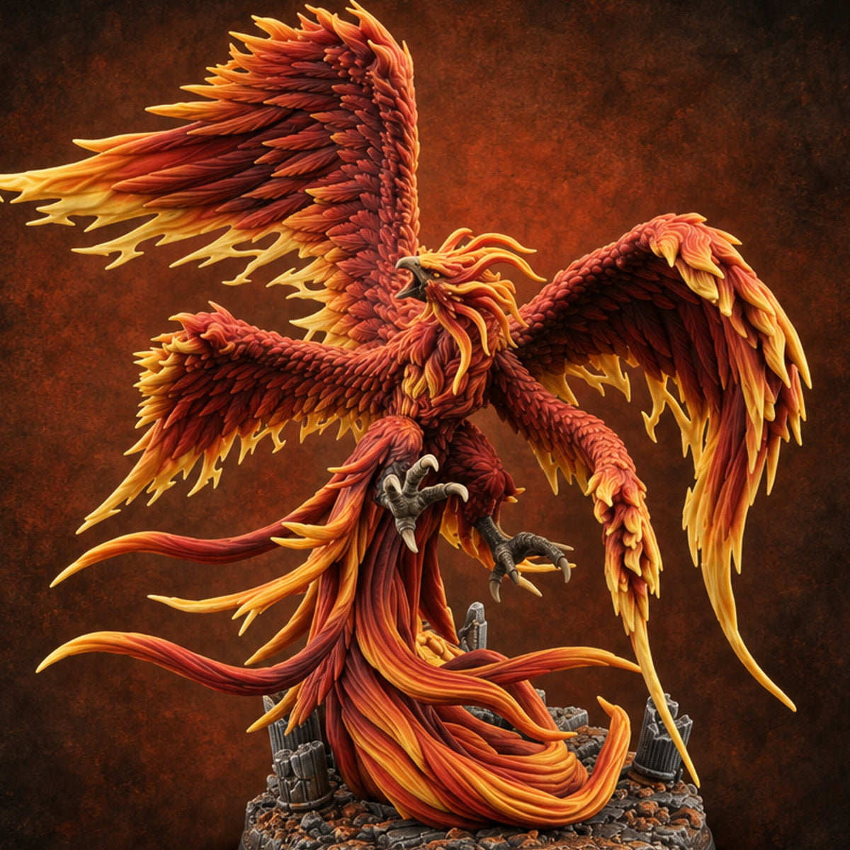 Ash Is Just a Phase Phoenix Flame-Feathered Firebird with Trailing Plumes — painted concept preview (miniature supplied unpainted)