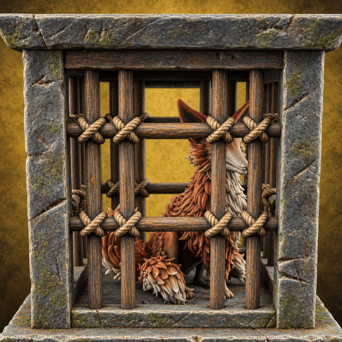 Fox Fur Fluffed, Fee Unpaid Stone Kitsune Pet Cage — painted concept preview (terrain supplied unpainted)