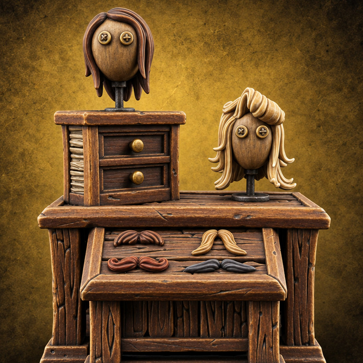 Hair Today, Gone Tomorrow Wooden Wig Display Desk — painted concept preview (terrain supplied unpainted)
