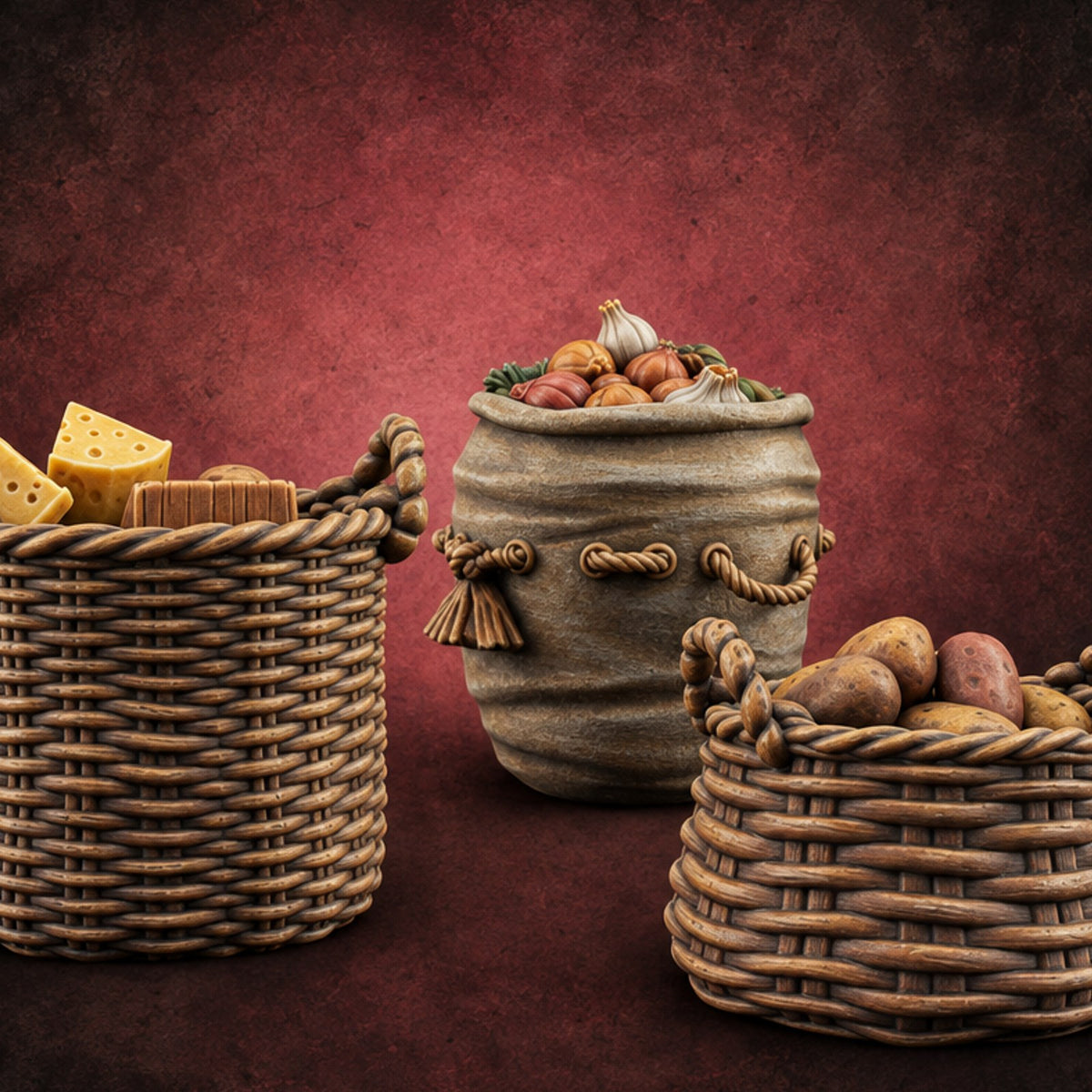 Larder Run, Three Ways Food Basket and Sack Set — painted concept preview (terrain supplied unpainted)