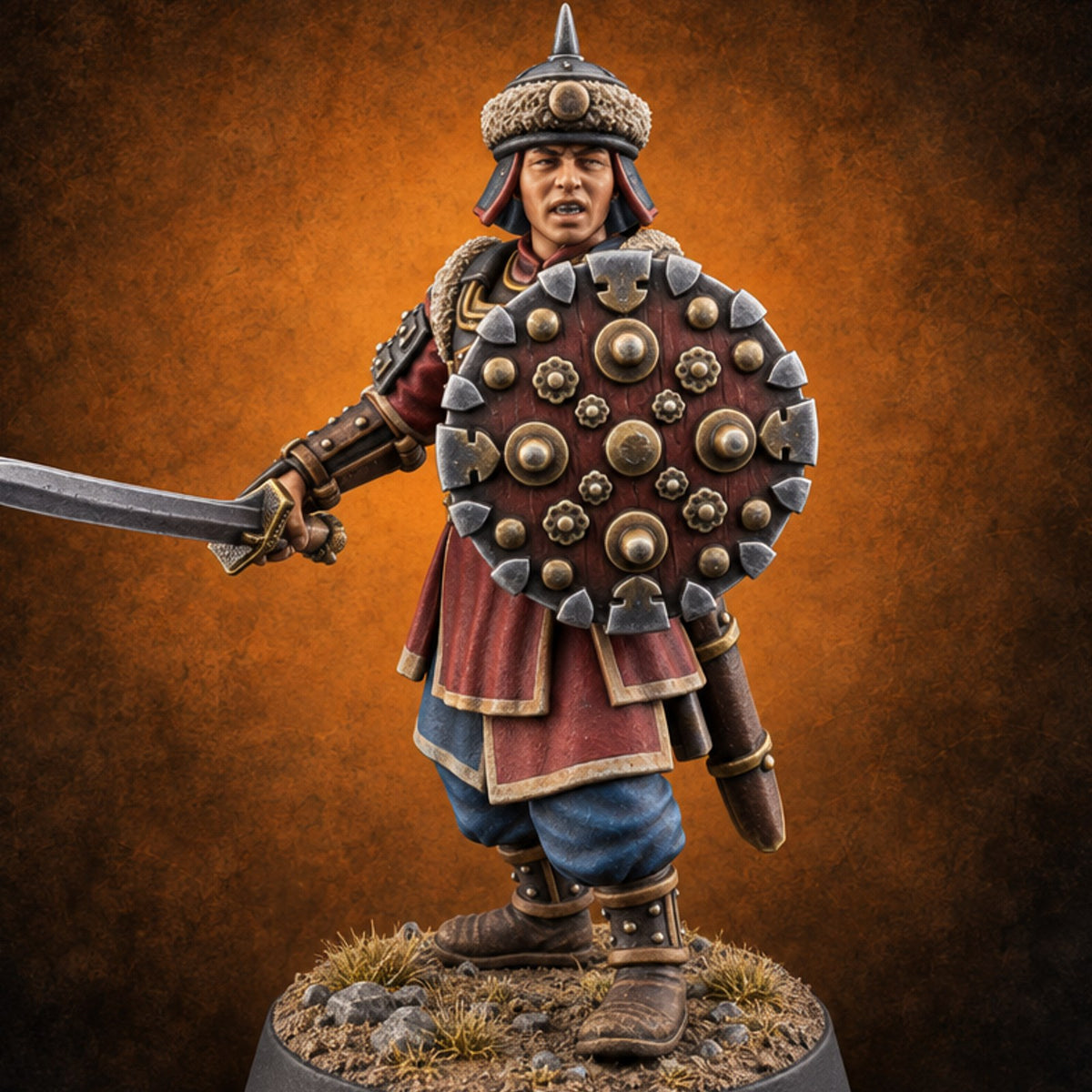 Shields Studded, Steel Singing Human Steppe Swordsman H — painted concept preview (miniature supplied unpainted)