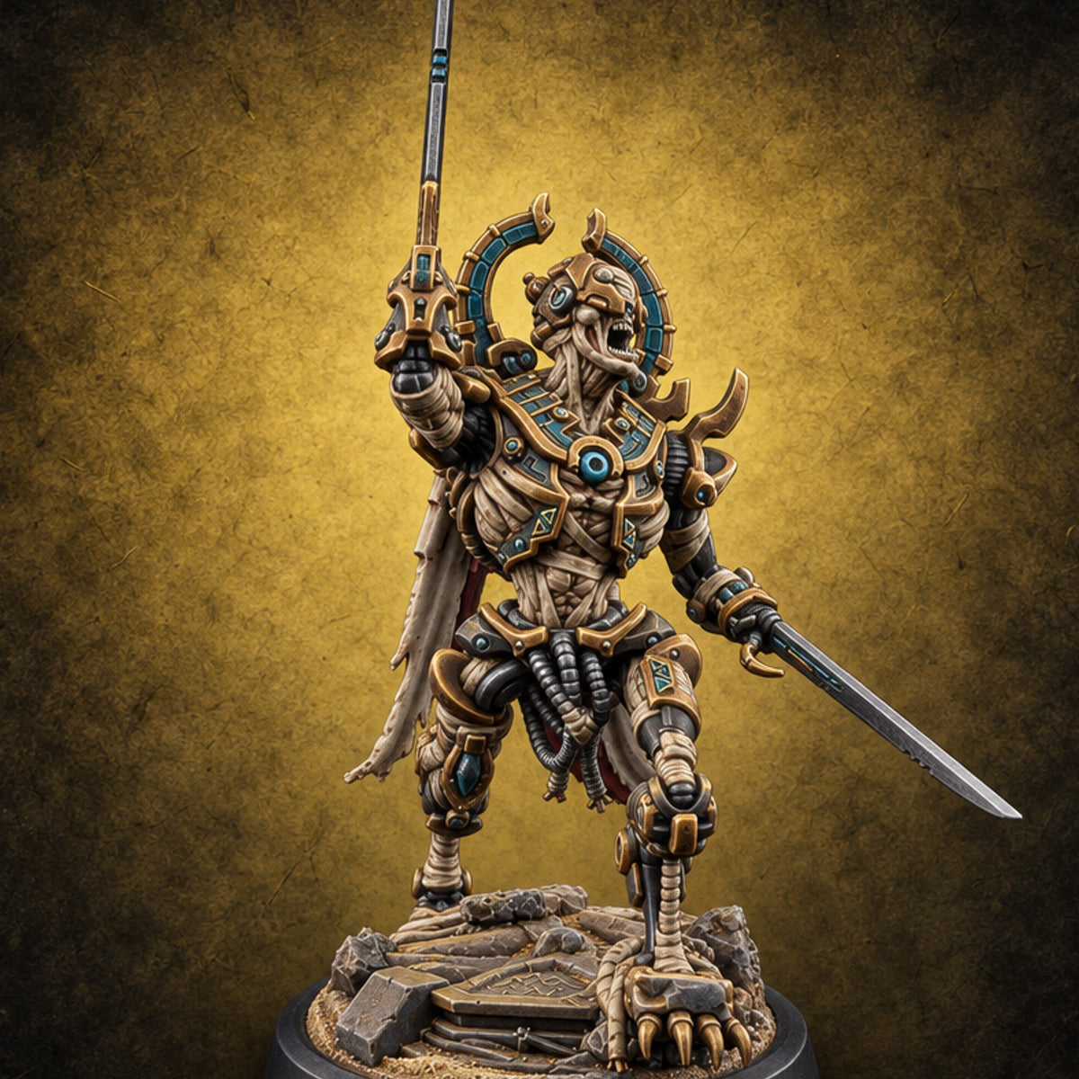 Crescent Crown, Wires Exposed Mummy Cybernetic Blade Warrior A — painted concept preview (miniature supplied unpainted)