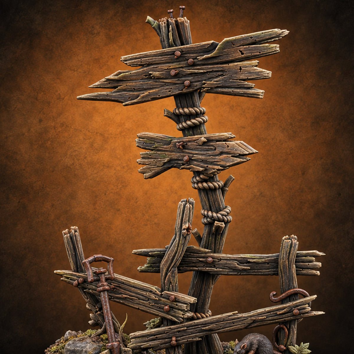 Leaning on Its Last Nail Broken Wooden Signpost — painted concept preview (terrain supplied unpainted)