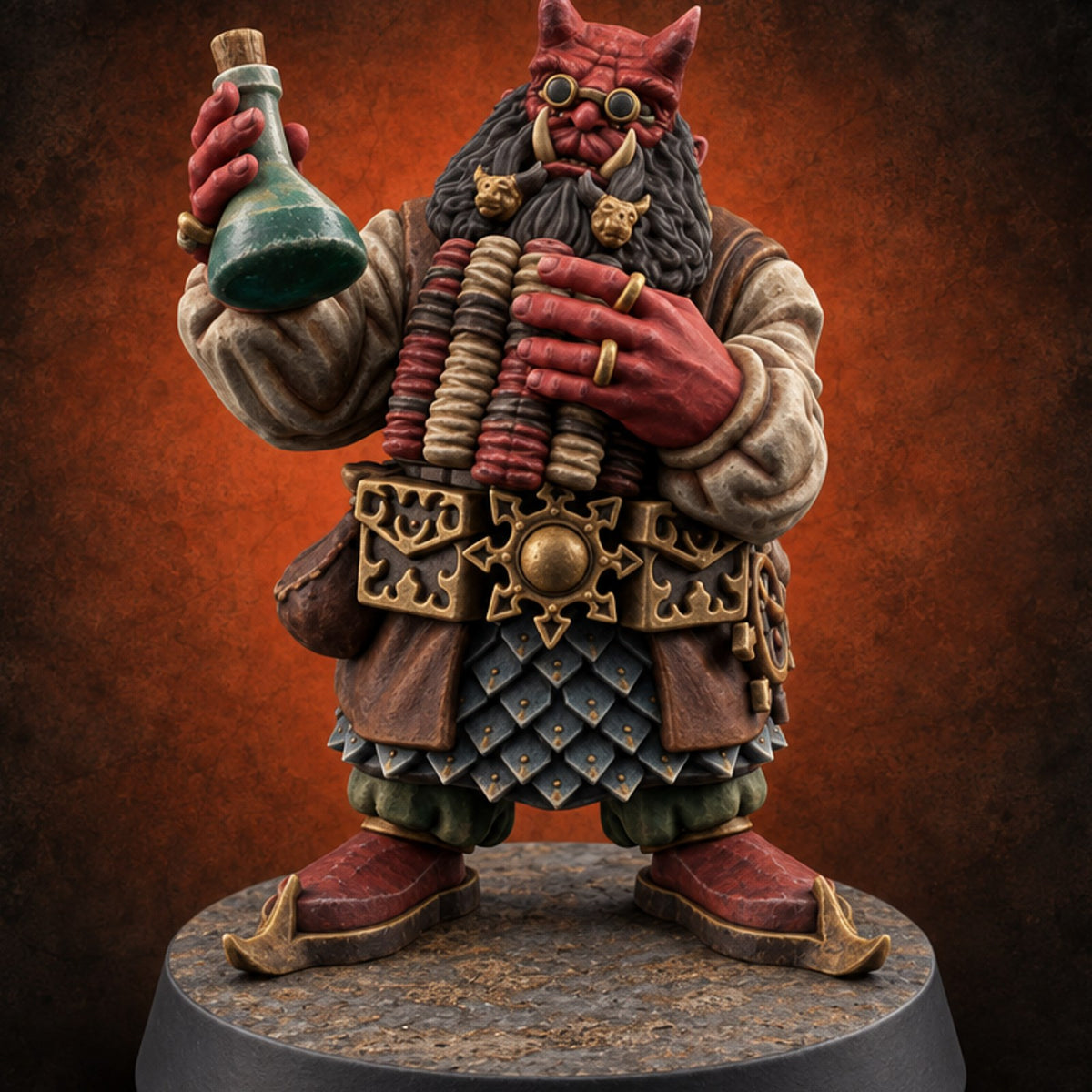 Brimstone Bazaar Regulars Tiefling Merchant B — painted concept preview (miniature supplied unpainted)