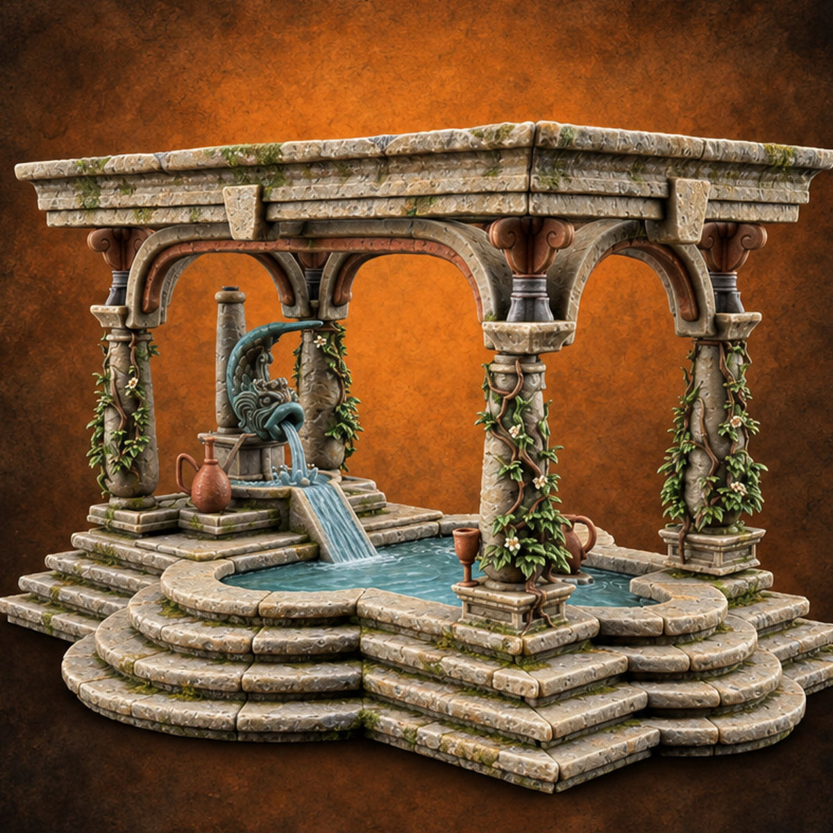 Steam Rises, Shoulders Drop Ornate Bathhouse Terrain D — painted concept preview (terrain supplied unpainted)