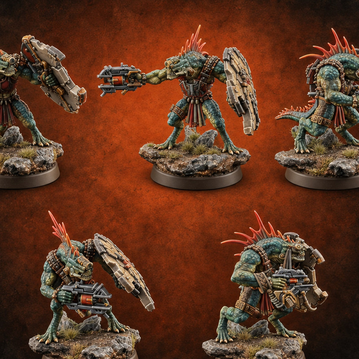Spines Up on Broken Ground Lizardfolk Shield Gunners — painted concept preview (miniature supplied unpainted)