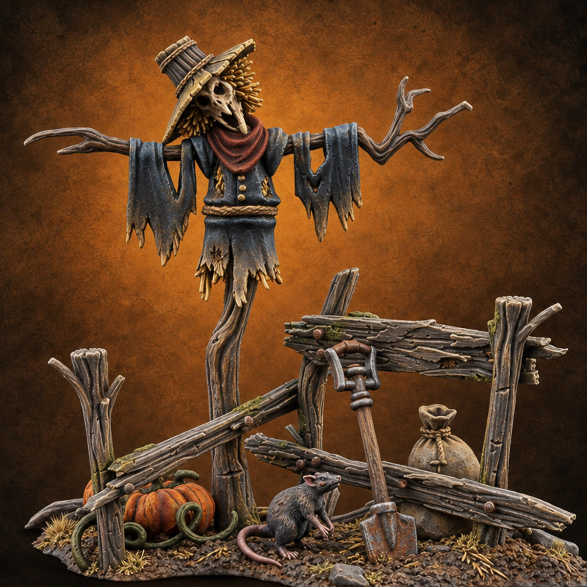 Nobody Told the Crows Rotten Skull-Faced Scarecrow with Broken Fence, Shovel, Sack, Pumpkin and Rat on Scenic Base — painted concept preview (terrain supplied unpainted)
