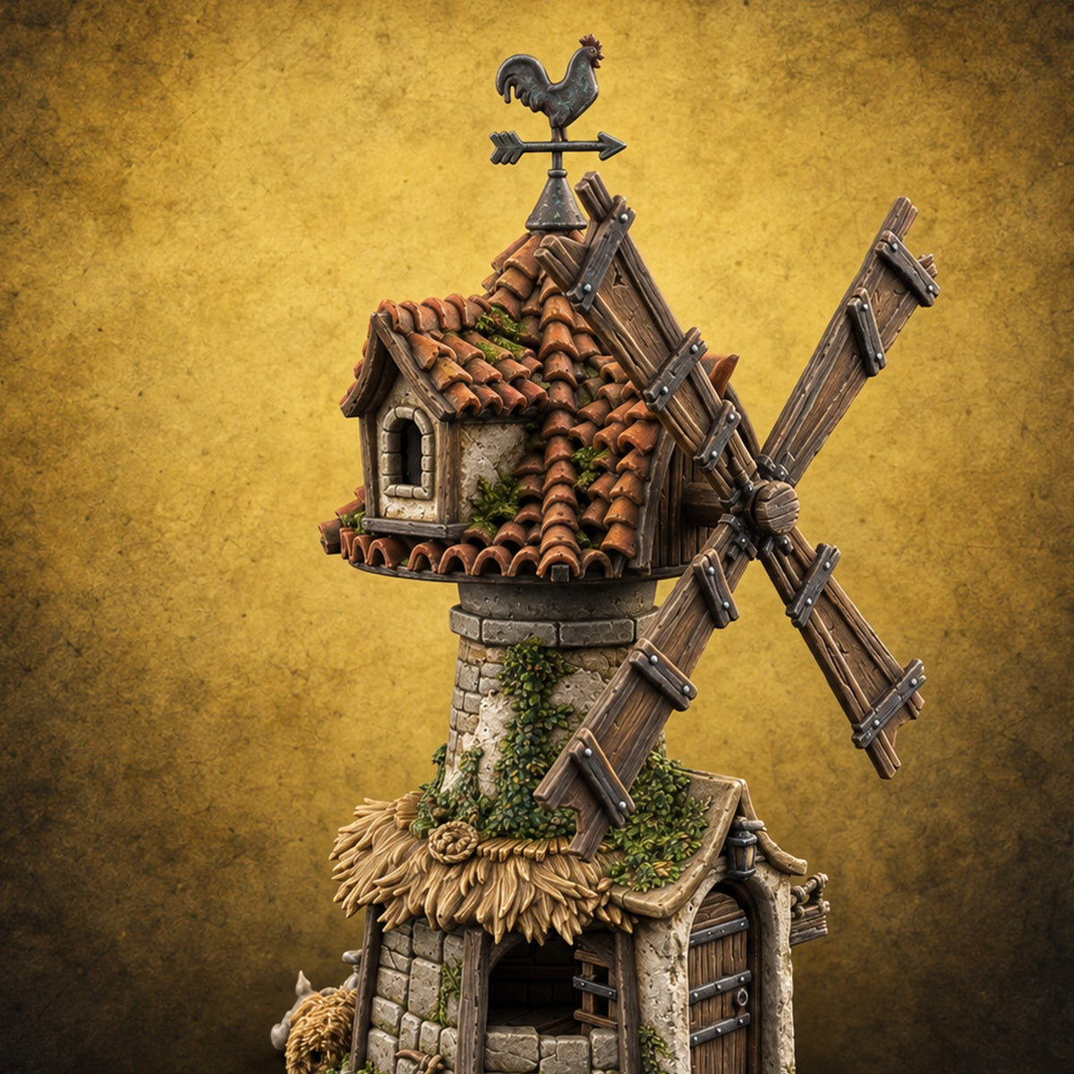 Rooster-Vane Windmill — painted concept preview (terrain supplied unpainted)