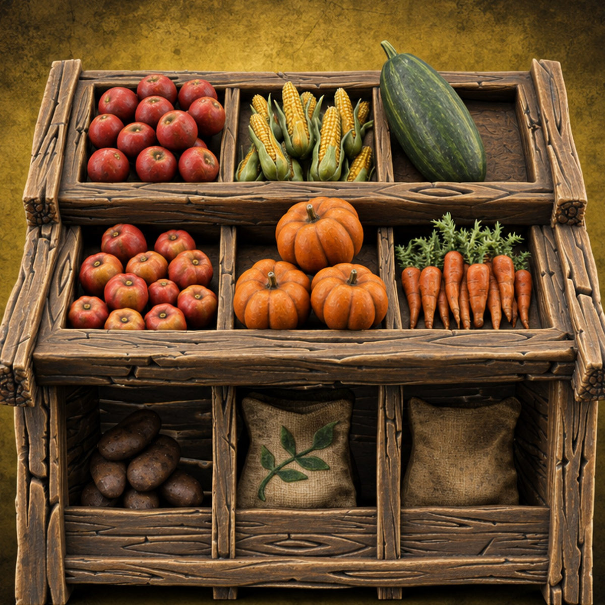 Harvest Tiers, Sack Below Wooden Produce Display Rack — painted concept preview (terrain supplied unpainted)
