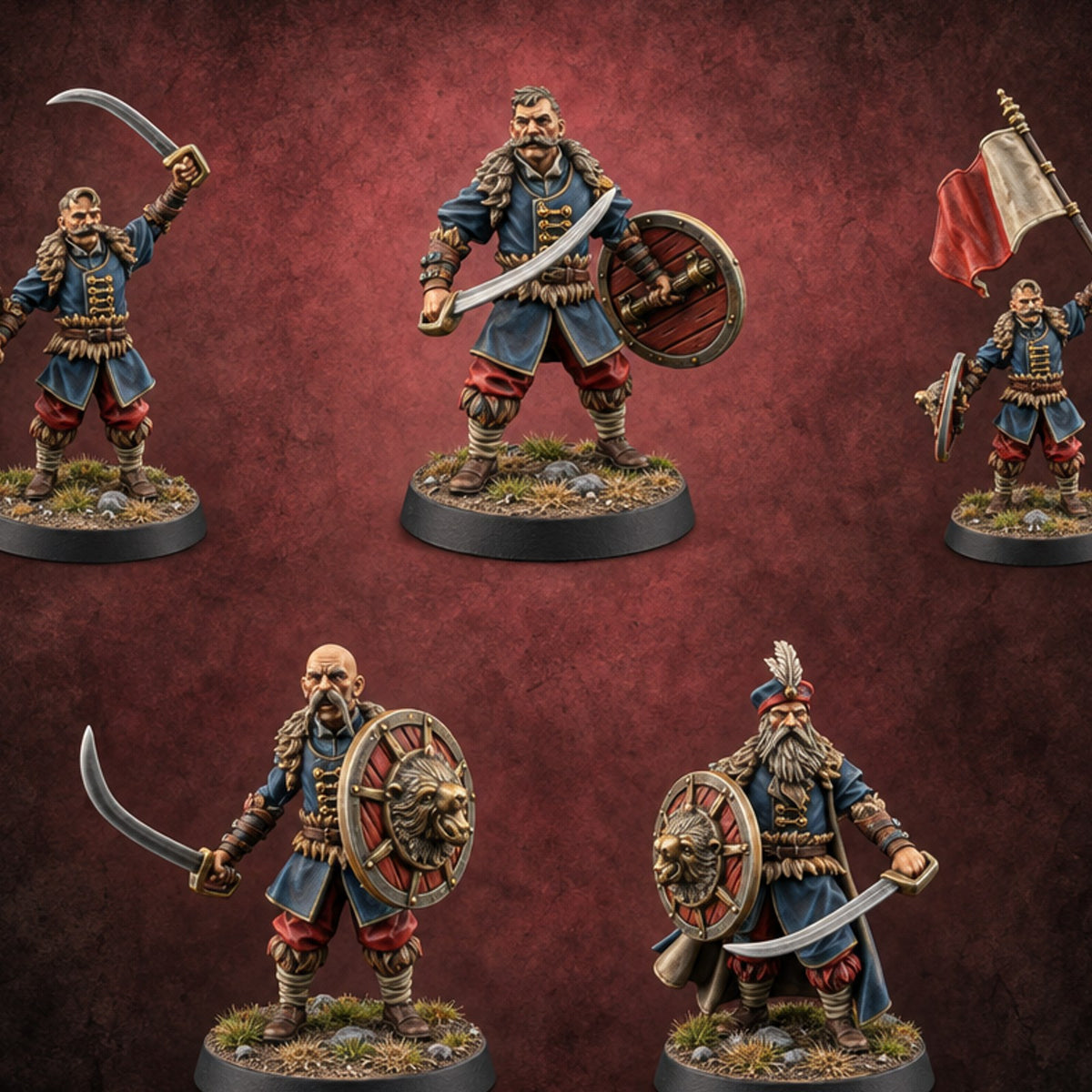 Shields Studded, Moustaches Bristling Human Sabre and Shield Warriors — painted concept preview (miniature supplied unpainted)