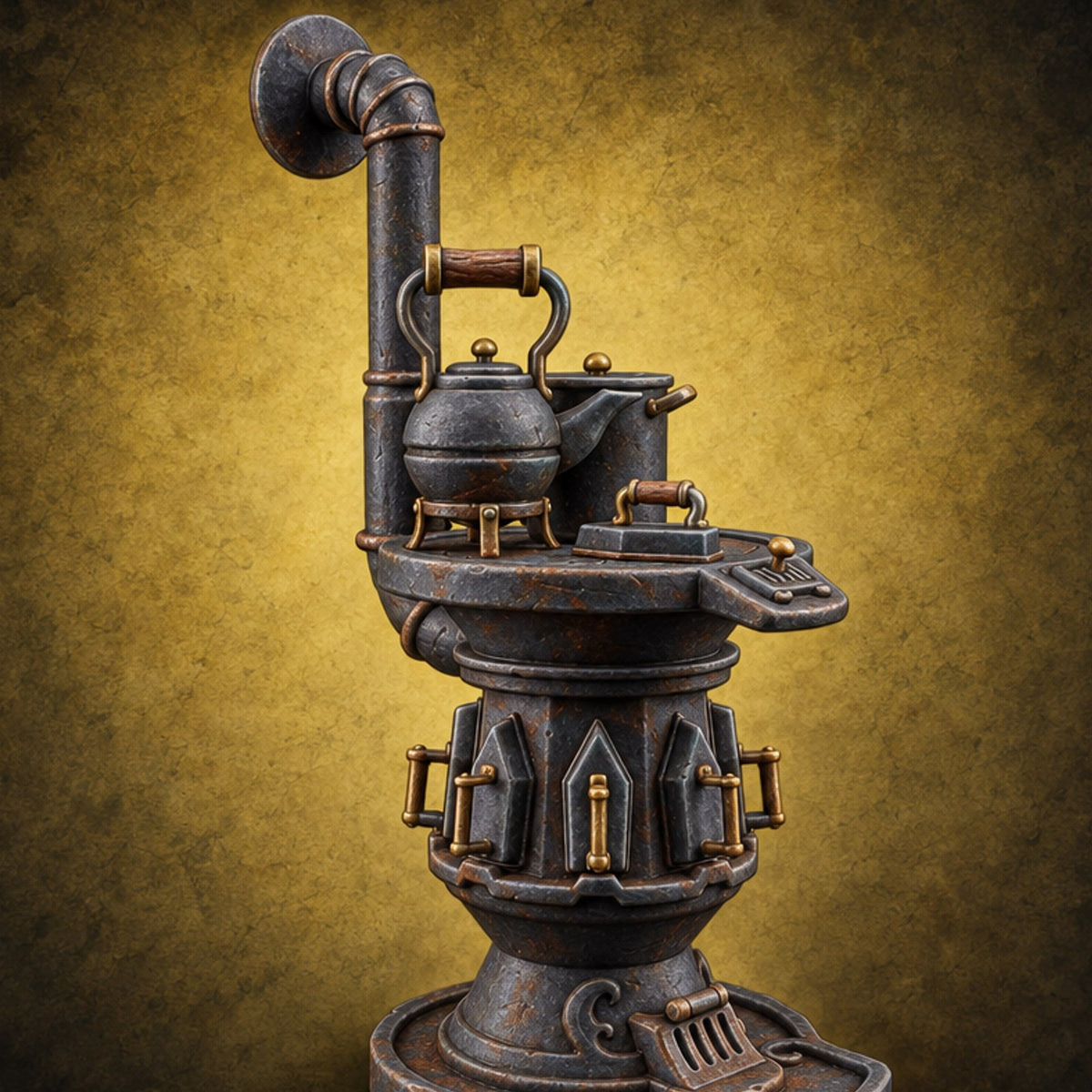 Kettle's On, Starch Is Warming Cast Iron Pot-Belly Stove — painted concept preview (terrain supplied unpainted)