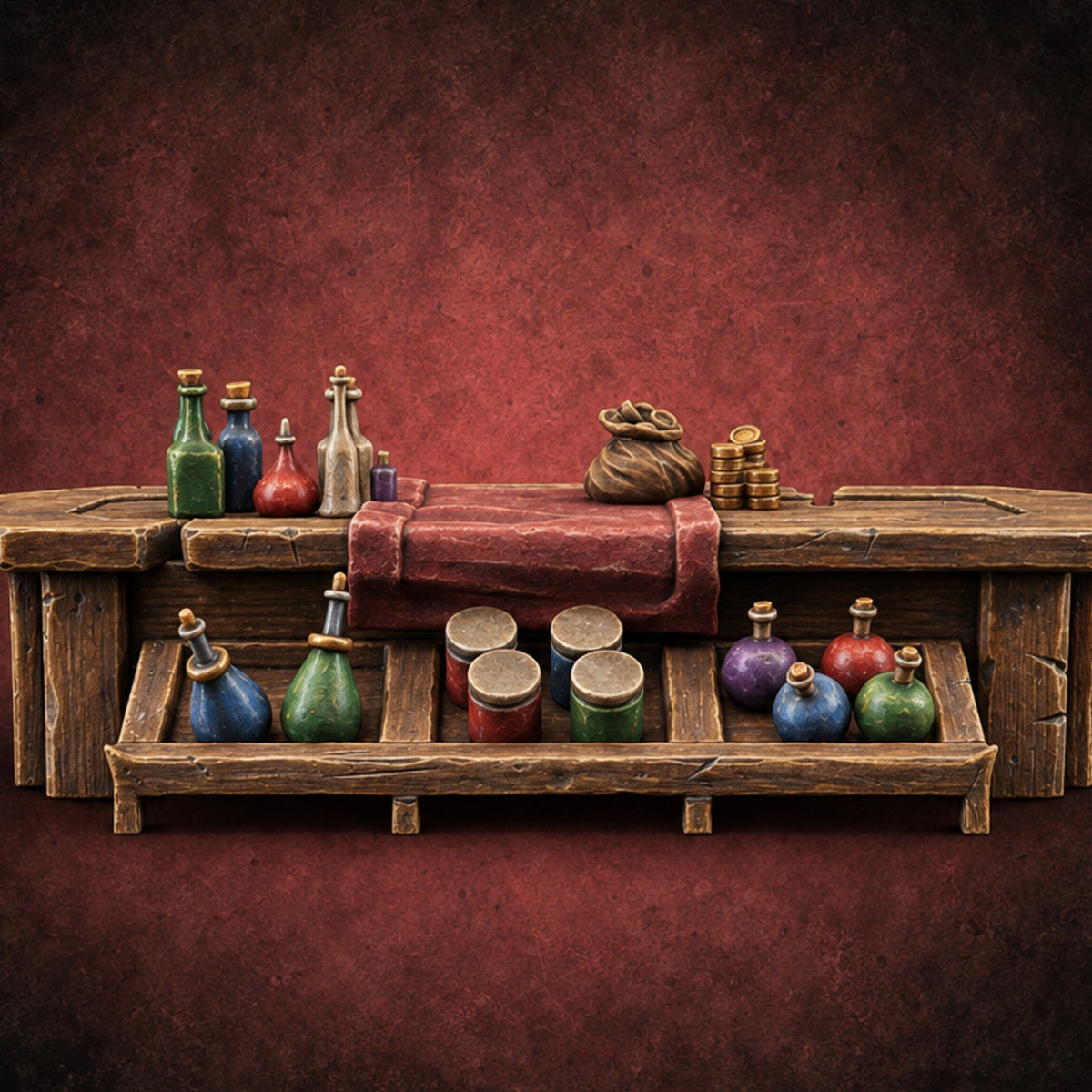 Open Drawer, Open Wallet Wooden Potion Vendor Table — painted concept preview (terrain supplied unpainted)