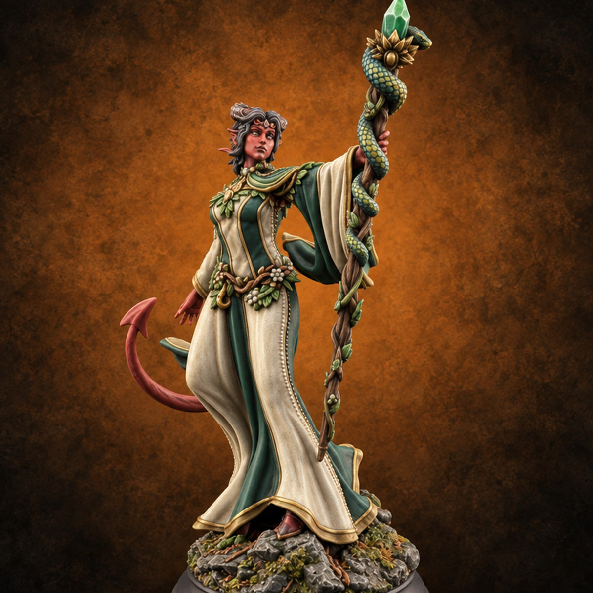 Serpent Staff, Silken Hem Tiefling Female Druid with Serpent-Wrapped Crystal Staff — painted concept preview (miniature supplied unpainted)