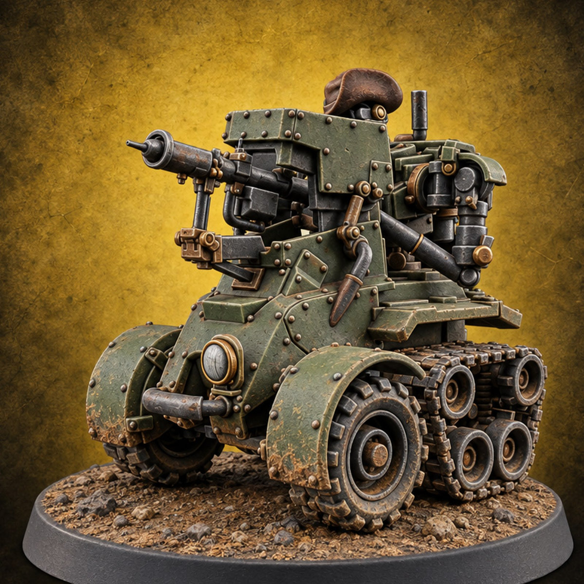 Hat Tipped, Barrel Levelled Warforged Tracked Anti-Tank Automaton — painted concept preview (miniature supplied unpainted)