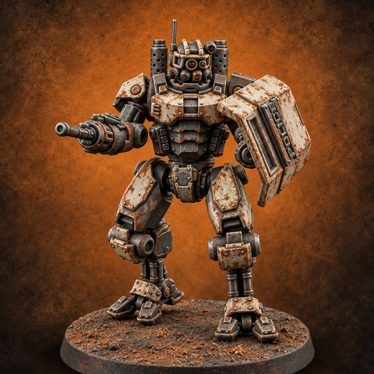 Riot Control, Rusted Edition Warforged Riot Police Robot with Shield A — painted concept preview (miniature supplied unpainted)