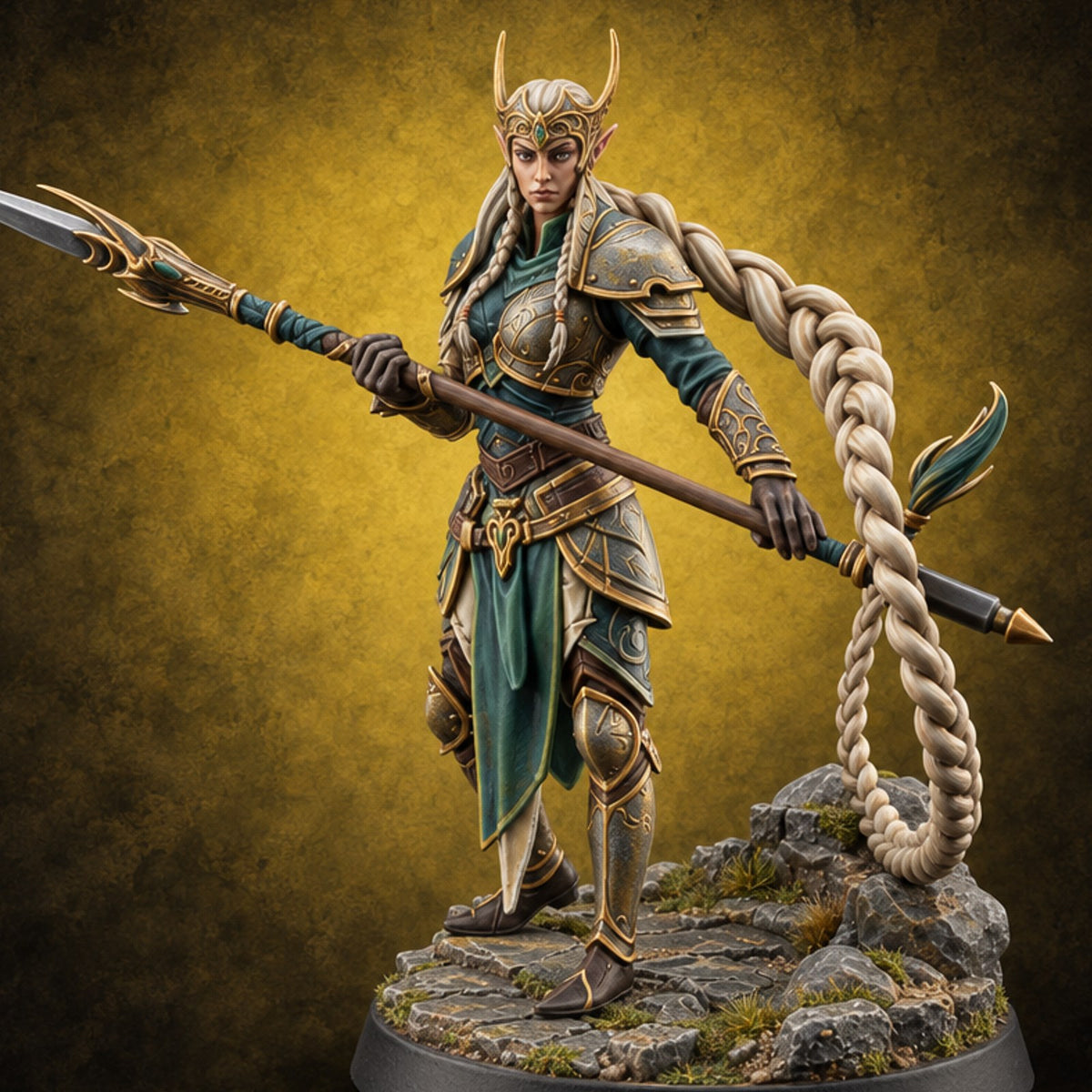 Lunge Now, Braid Later Elf Sentinel Spear Warrior B — painted concept preview (miniature supplied unpainted)