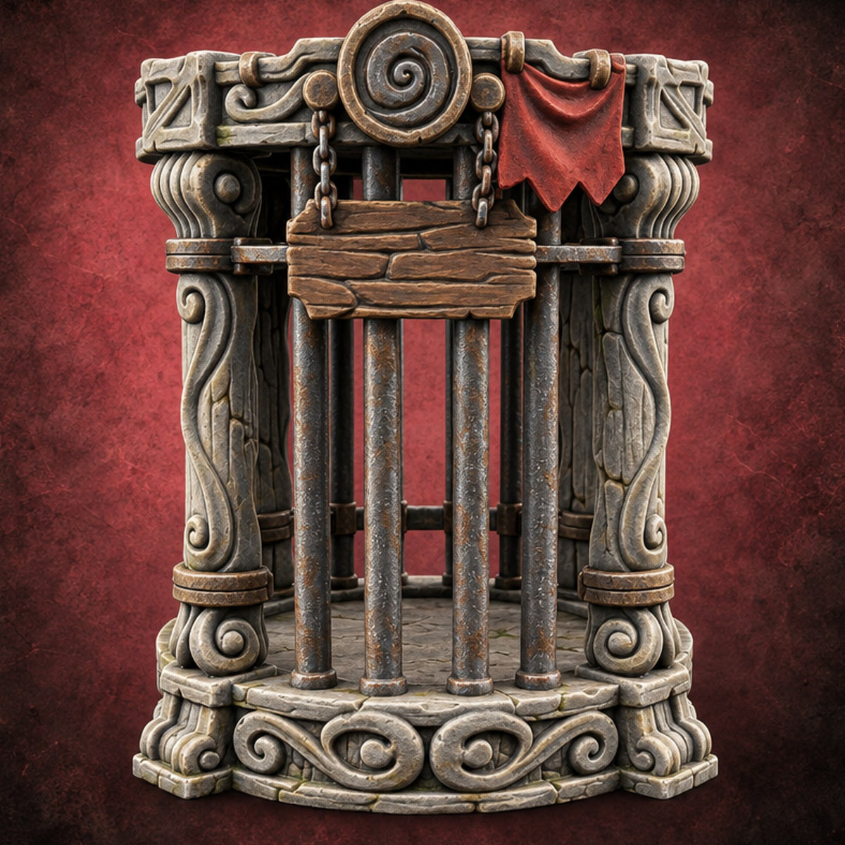 No Refunds, No Parole Round Barred Jail Cage — painted concept preview (terrain supplied unpainted)