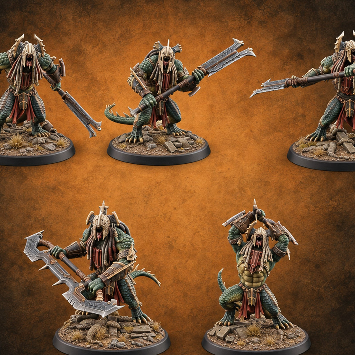 Crowns of Horn, Hearts of Ruin Lizardfolk Polearm Warriors — painted concept preview (miniature supplied unpainted)