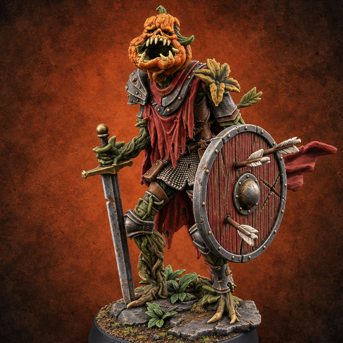 Arrows Stuck, Still Screaming Gourdling Pumpkin Knight C — painted concept preview (miniature supplied unpainted)