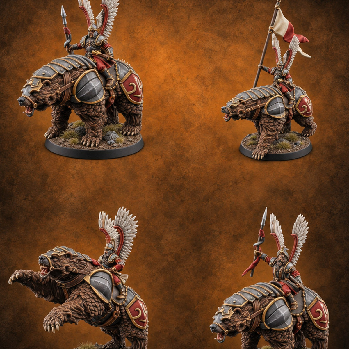 Winged Hussars, Armoured Bruin Dwarf Bear Riders — painted concept preview (miniature supplied unpainted)