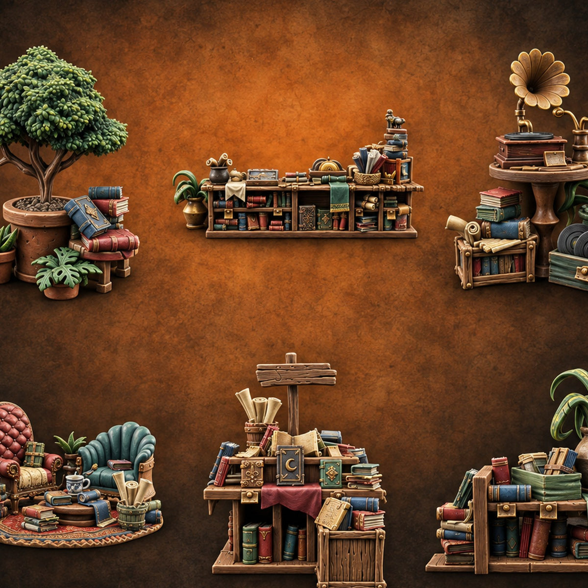 Cozy, Book-Piled Bookshop Furnishings — painted concept preview (terrain supplied unpainted)