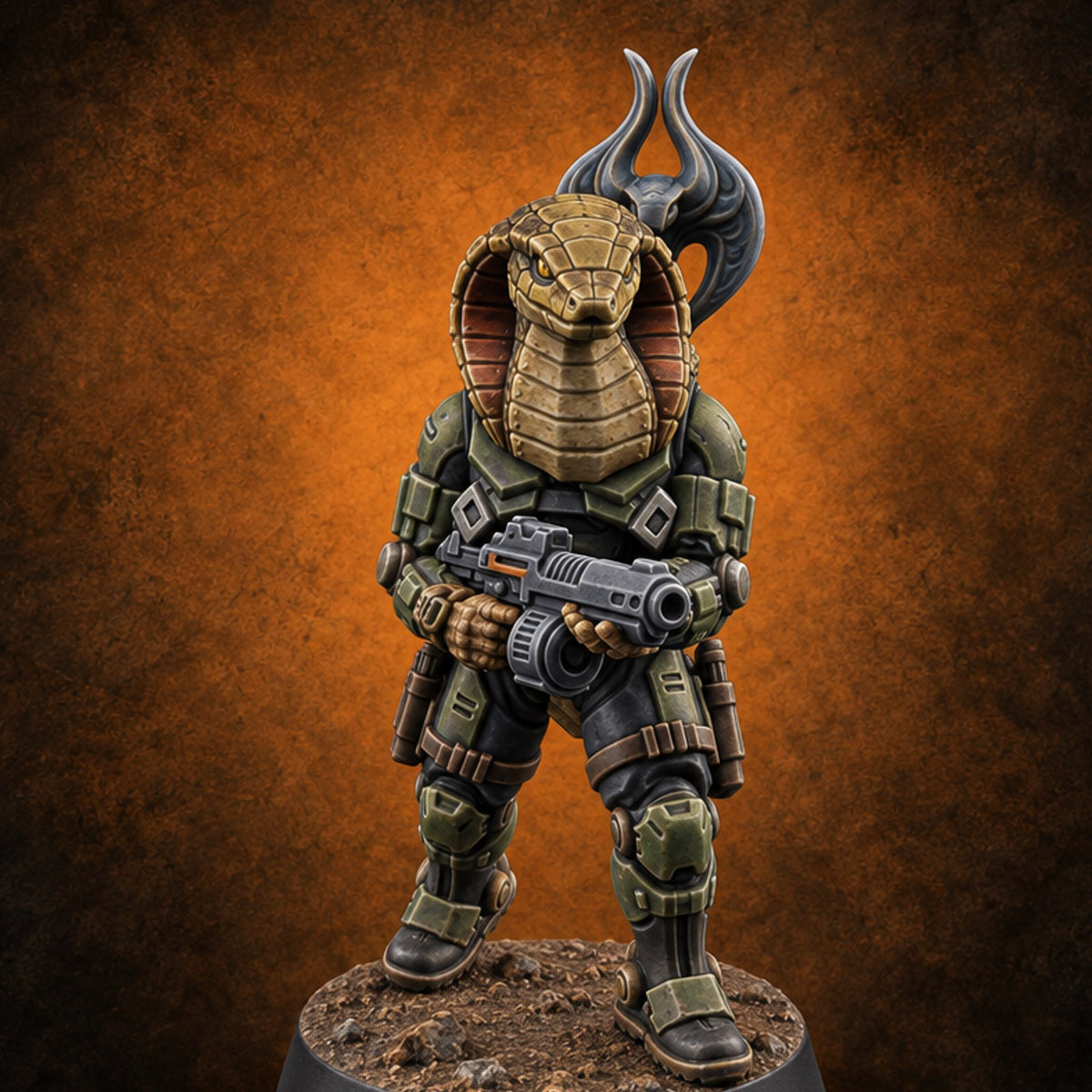 Hood Flared, Safety Off Yuan-ti Pureblood Cobra Soldier with Sci-Fi Rifle — painted concept preview (miniature supplied unpainted)