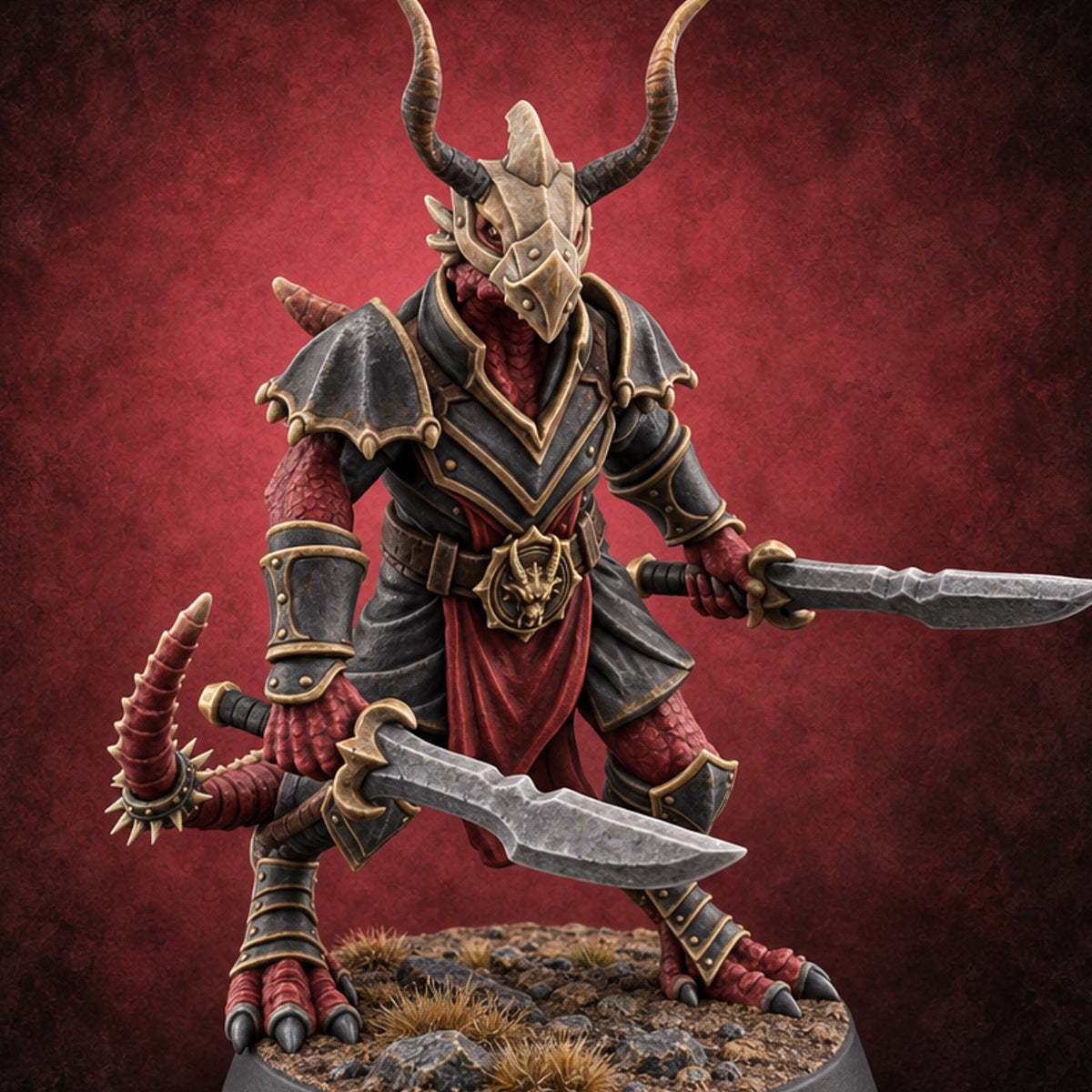 Antlers Up, Blades Crossed Dragonborn Swordmaster — painted concept preview (miniature supplied unpainted)