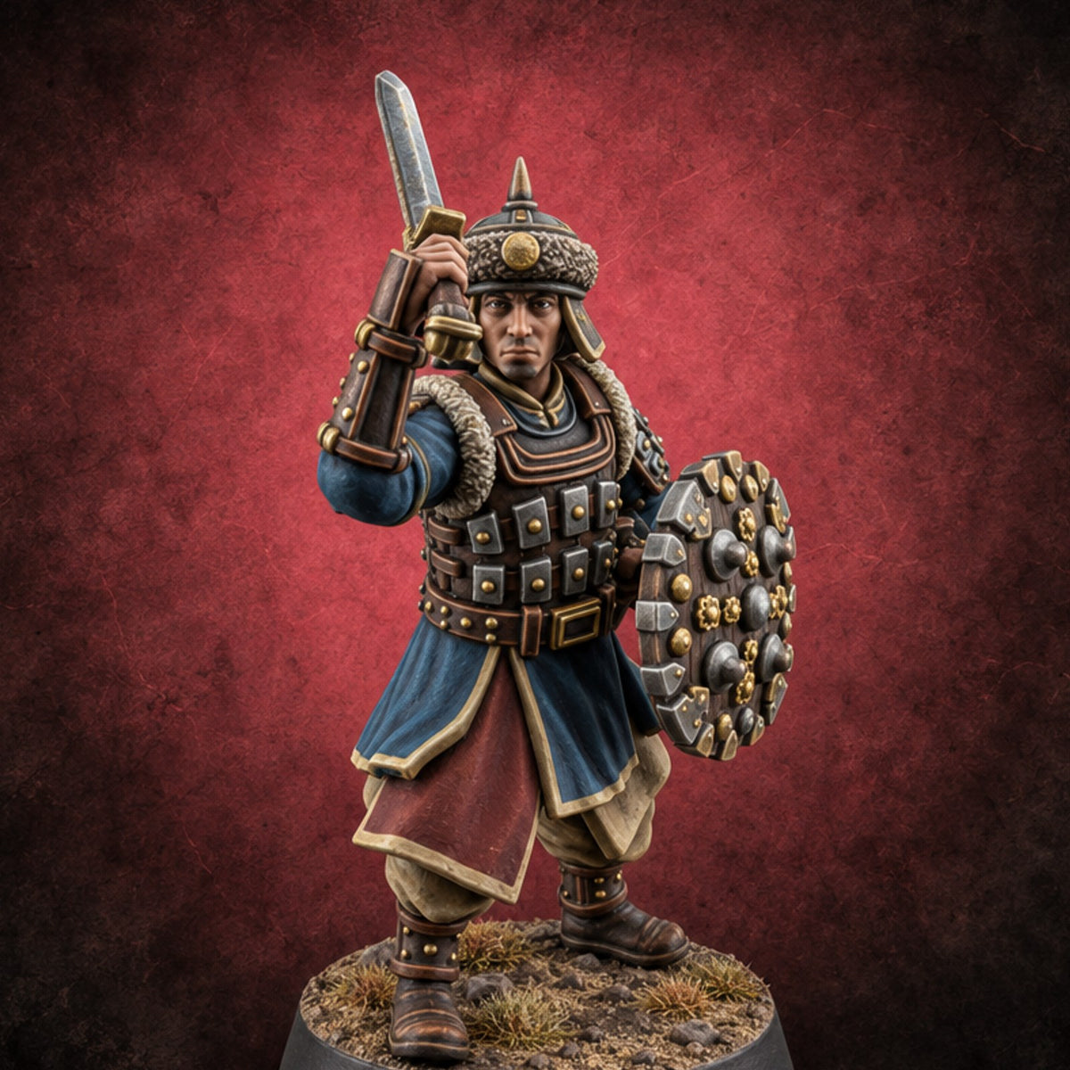 Shields Studded, Steel Singing Human Steppe Swordsman C — painted concept preview (miniature supplied unpainted)