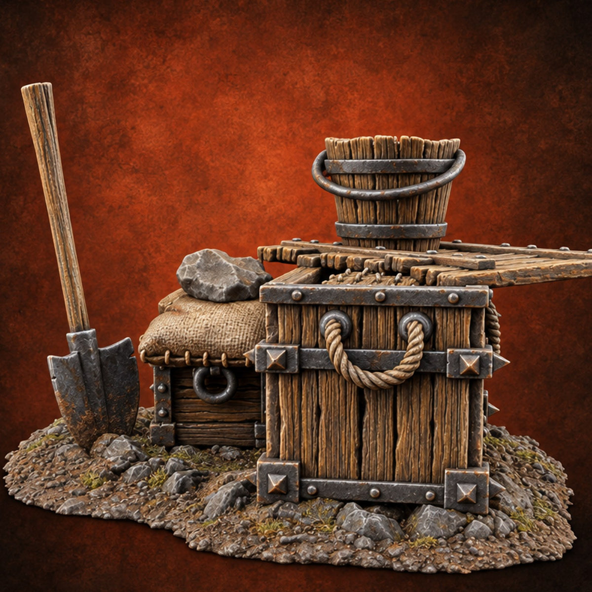 Barrel Roll Call Wooden Supply Scatter B — painted concept preview (terrain supplied unpainted)