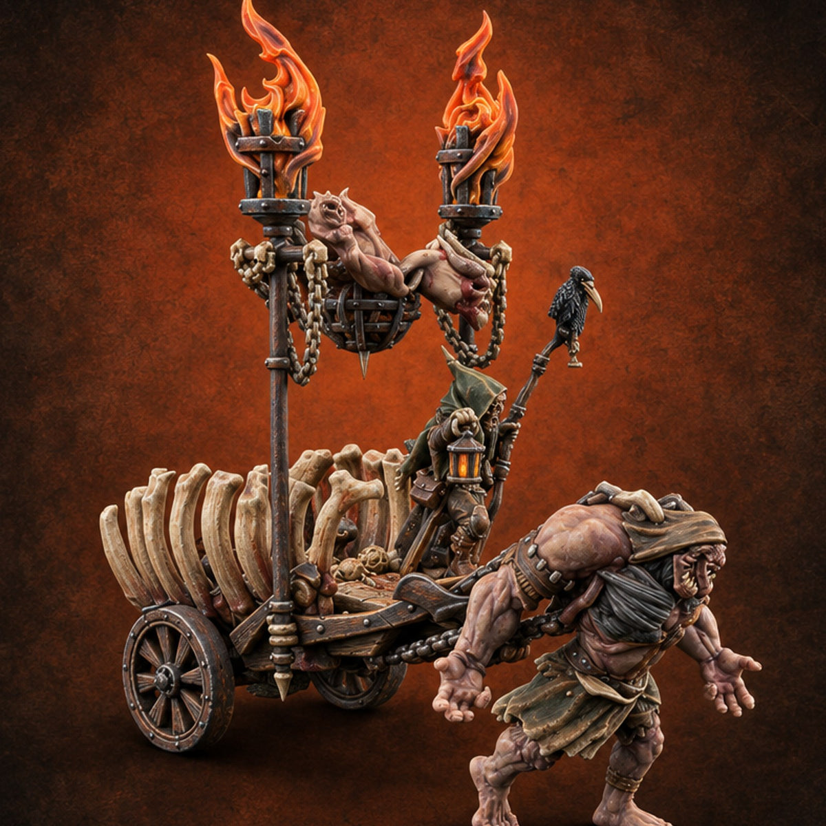 Last Fare Out of Town Ogre Pulling Bone-Ribbed Corpse Cart with Lantern Rider — painted concept preview (miniature supplied unpainted)