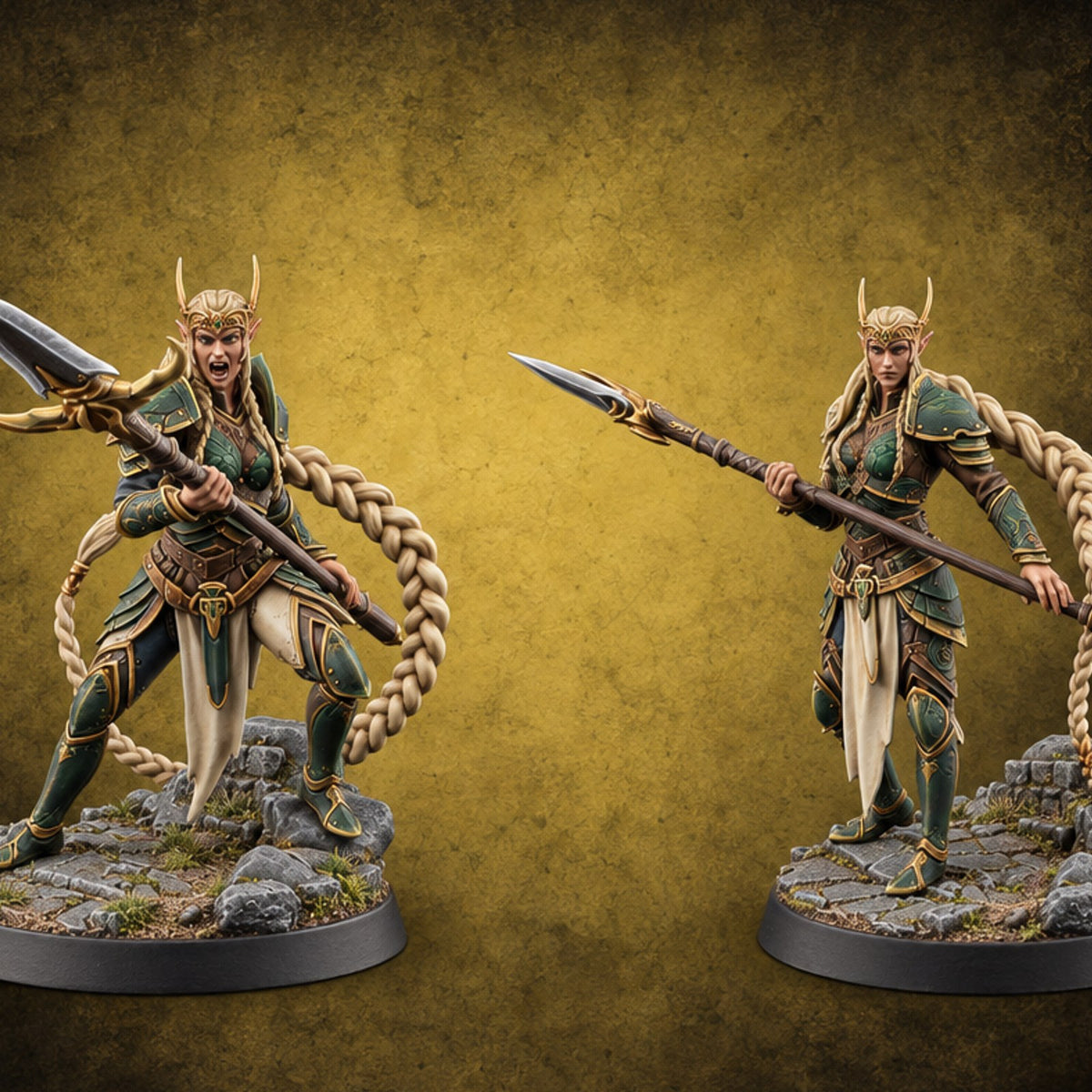 Lunge Now, Braid Later Elf Sentinel Spear Warriors — painted concept preview (miniature supplied unpainted)