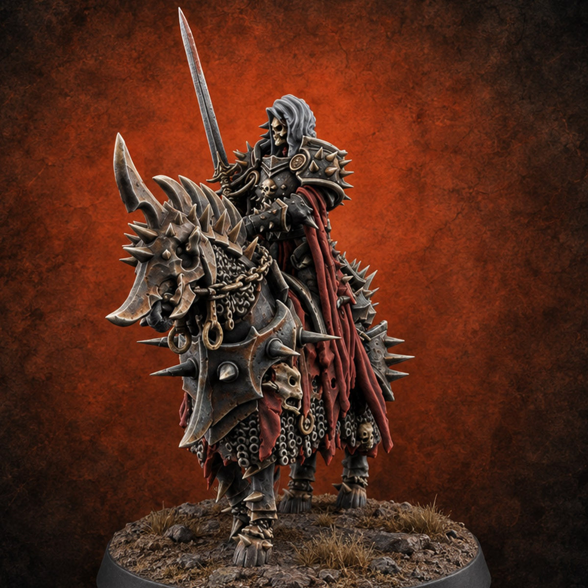 Hoofbeats Under a Dead Moon Wraith Rider on Spiked Warhorse — painted concept preview (miniature supplied unpainted)