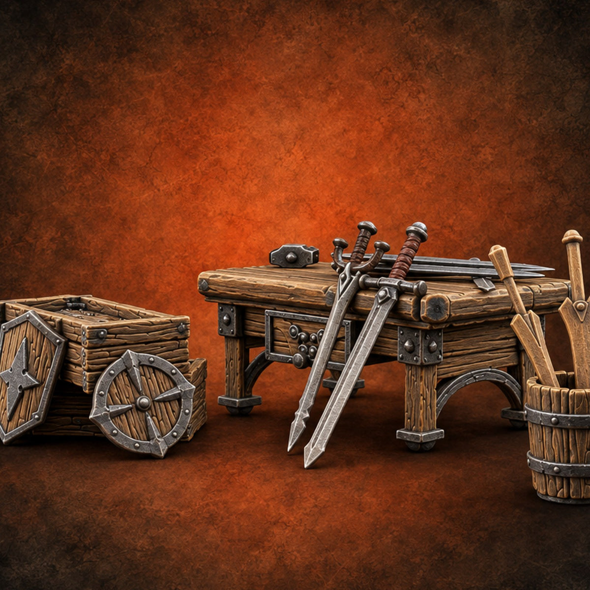 Swords Rest, Buckets Remember Wooden Weapons Table Set — painted concept preview (terrain supplied unpainted)