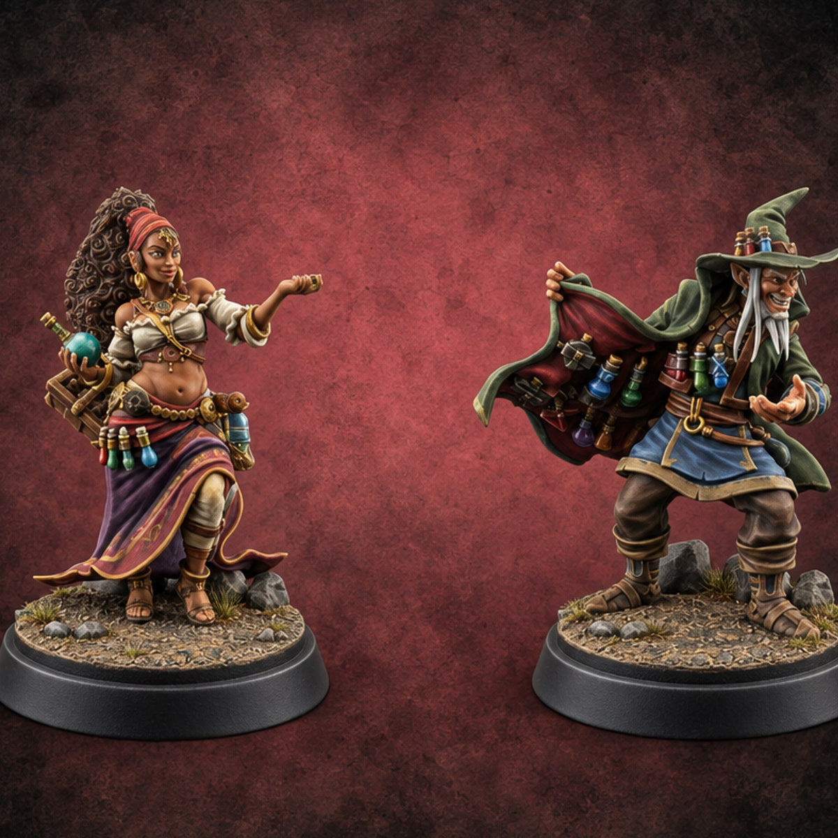 Satisfaction Mostly Guaranteed Human and Gnome Potion Vendors — painted concept preview (miniature supplied unpainted)