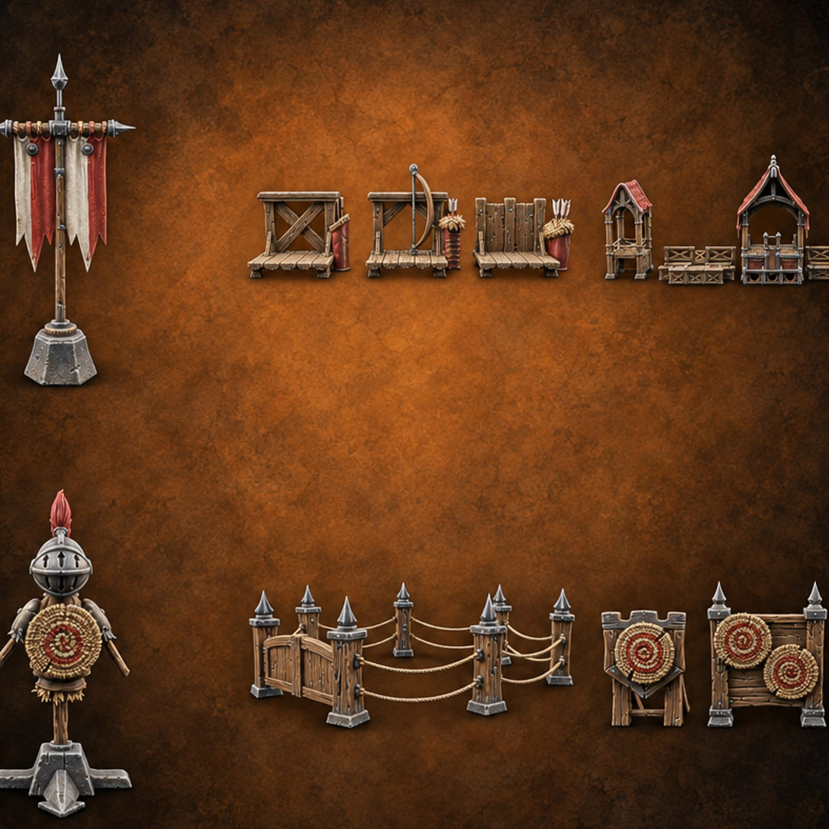 Tilt Yard Trimmings Wooden Jousting Tournament Terrain Set — painted concept preview (terrain supplied unpainted)