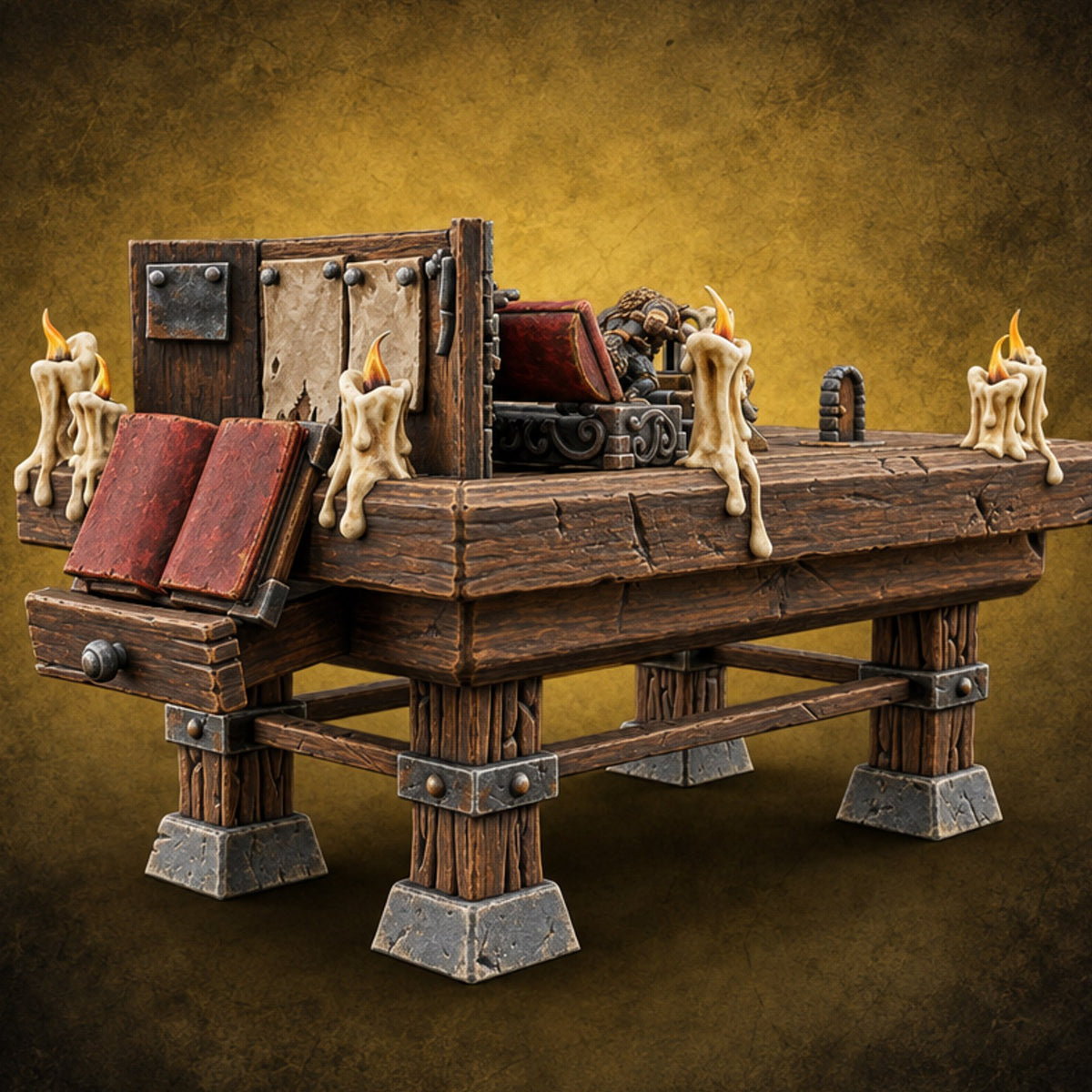 Stakes Stacked, Chairs Pushed Back Wooden Game Table B — painted concept preview (terrain supplied unpainted)