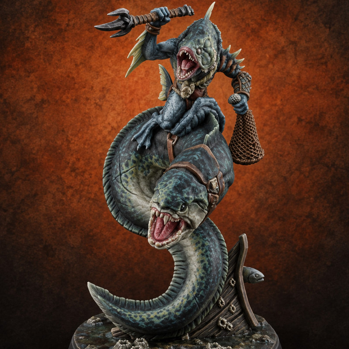 The Undertow Goes to War Kuo-toa Giant Moray Eel Rider B — painted concept preview (miniature supplied unpainted)