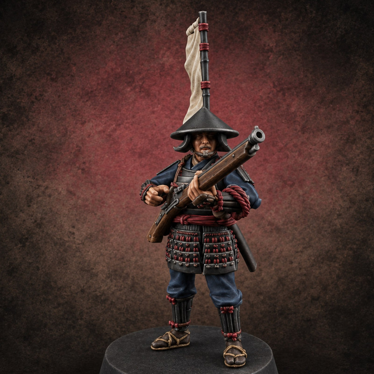 Matchlocks at the Ready Human Ashigaru Musketeer A — painted concept preview (miniature supplied unpainted)