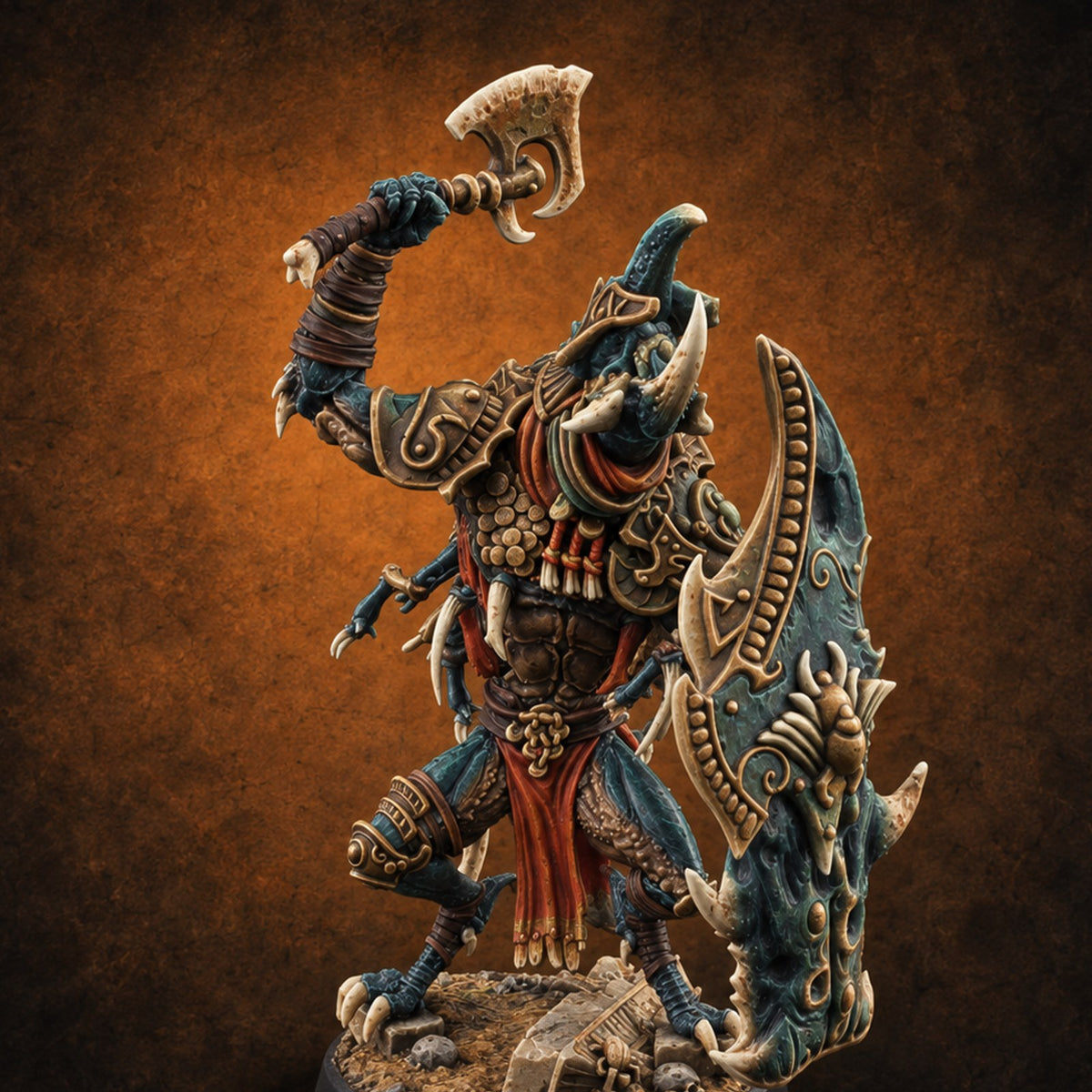 Poised to Strike Scarabfolk Warrior B — painted concept preview (miniature supplied unpainted)
