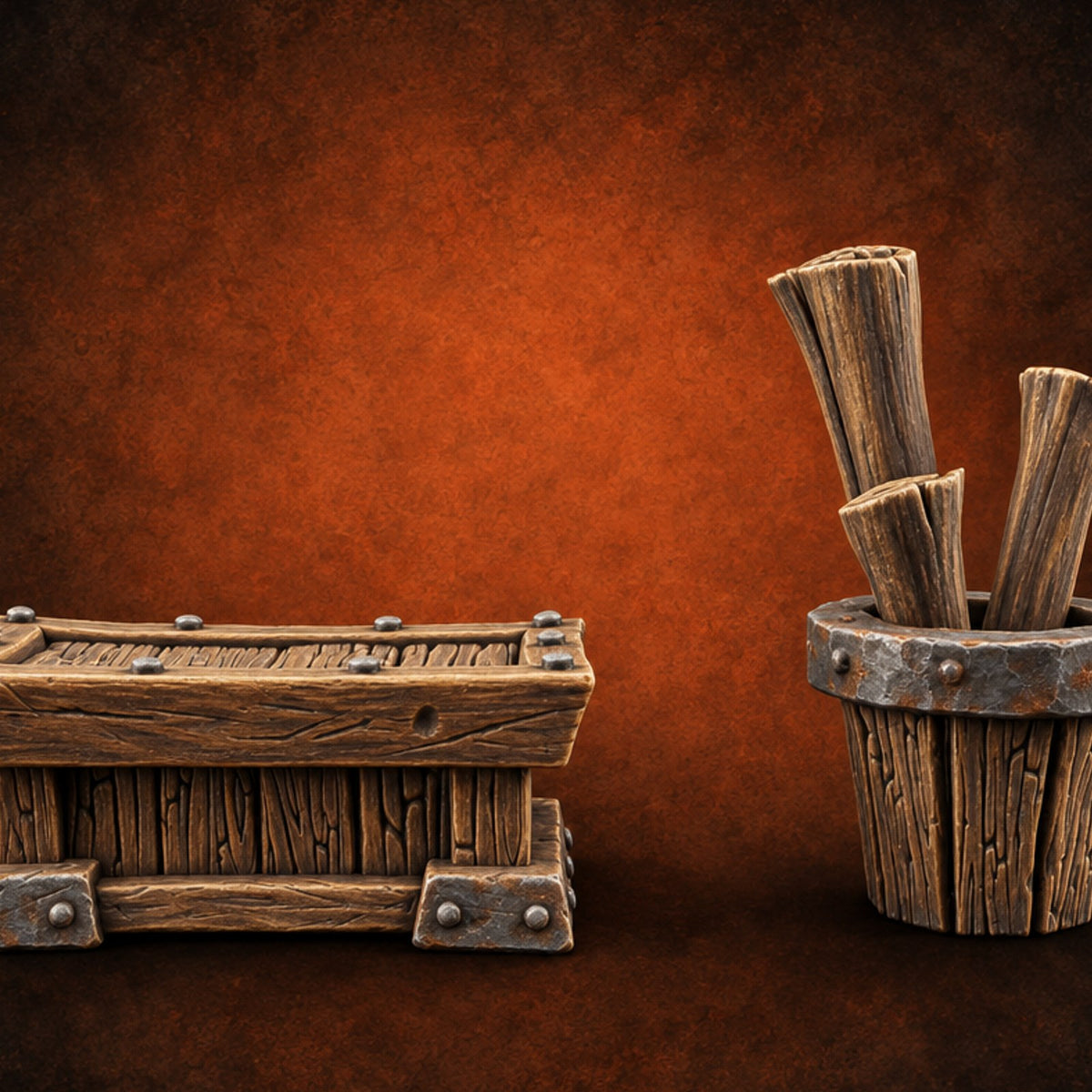 Tricky to Wrangle Wooden Merchant Table Set — painted concept preview (terrain supplied unpainted)