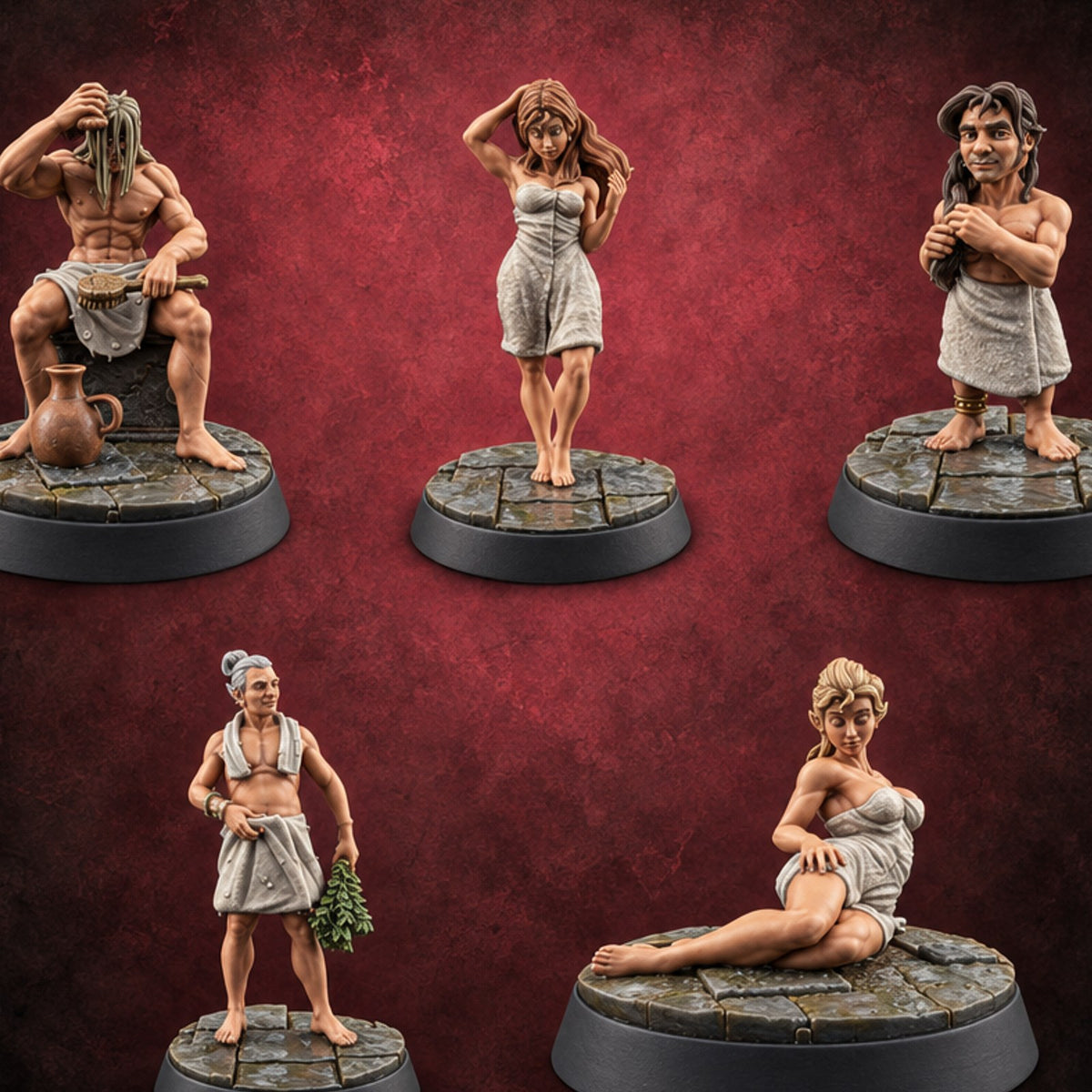 Steam Hour Regulars Human Bathhouse Clients — painted concept preview (miniature supplied unpainted)